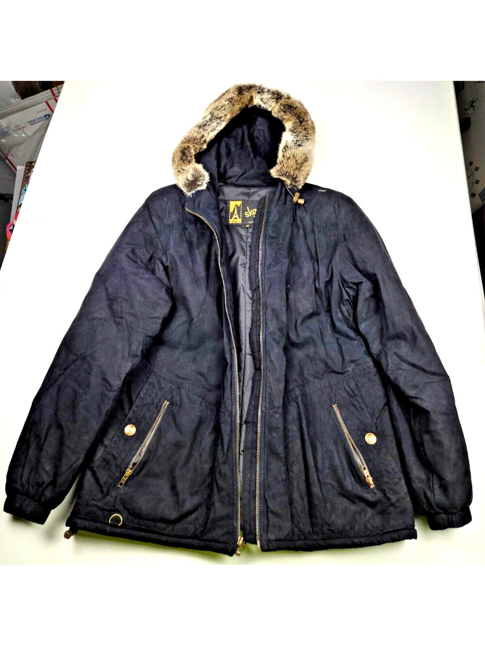 Skea Paris Vail Black Hooded Ski Jacket Genuine Fur Size 10 USA Vintage